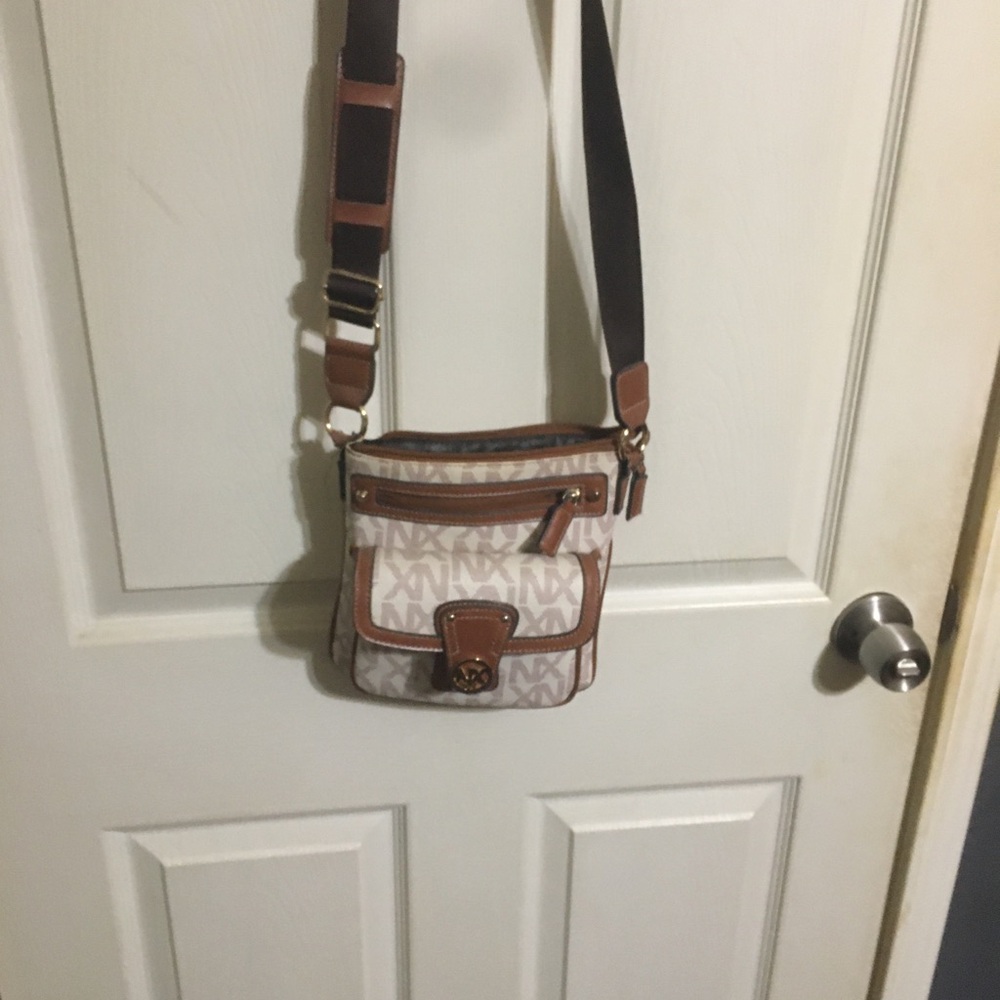 Beige and Brown Logo Crossbody Bag with Adjustable Strap